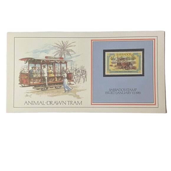 1800s Animal Drawn Tram Barbados Stamp Basil Smith Print Issued 1981 Rail - Picture 1 of 4